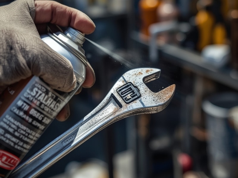 Vzdrževanje ročnega orodja - nanos protikorozijskega spreja za preprečevanje rjavenja orodja.