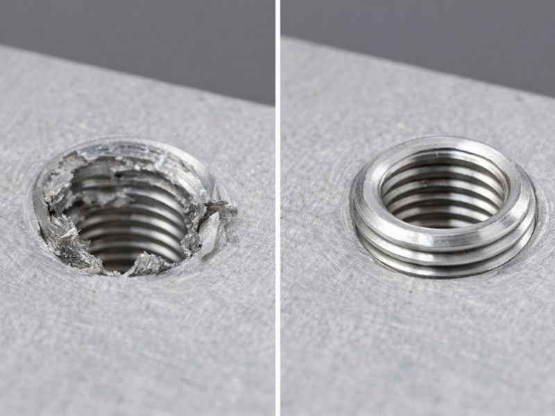 Primerjava strganega navoja v aluminiju in uspešno popravljenega navoja s spiralnim vložkom.