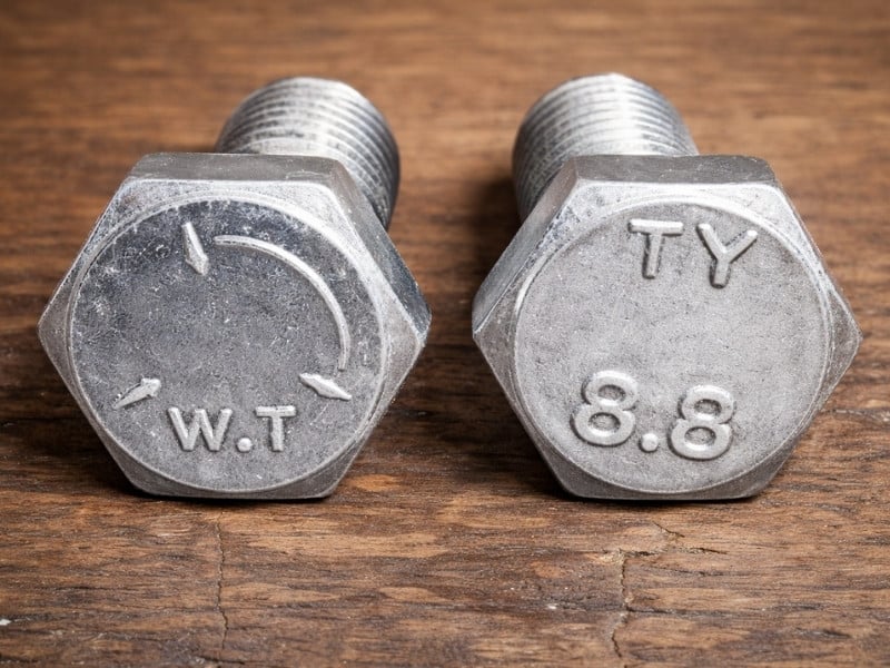 Primerjava oznak na glavi metričnega vijaka (številke) in colskega vijaka (črtice).