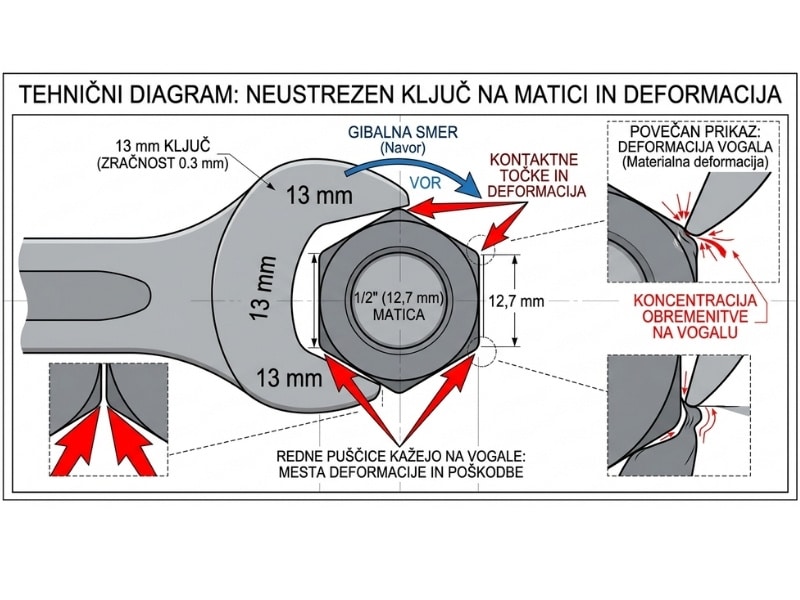 Prikaz koncentracije sil na robove vijaka pri uporabi napačne velikosti ključa.