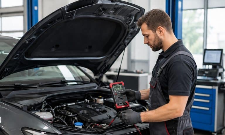 Avtomehanik opravlja iskanje električnih napak na modernem vozilu z odprtim pokrovom motorja.